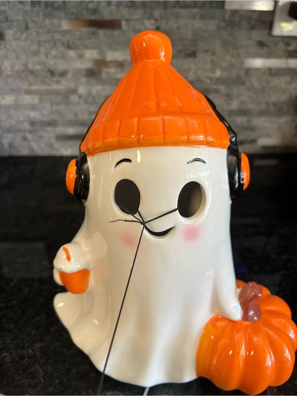 GHOULISH LED Light Up Ceramic Ghost With Headphones, Coffee & Pumpkin